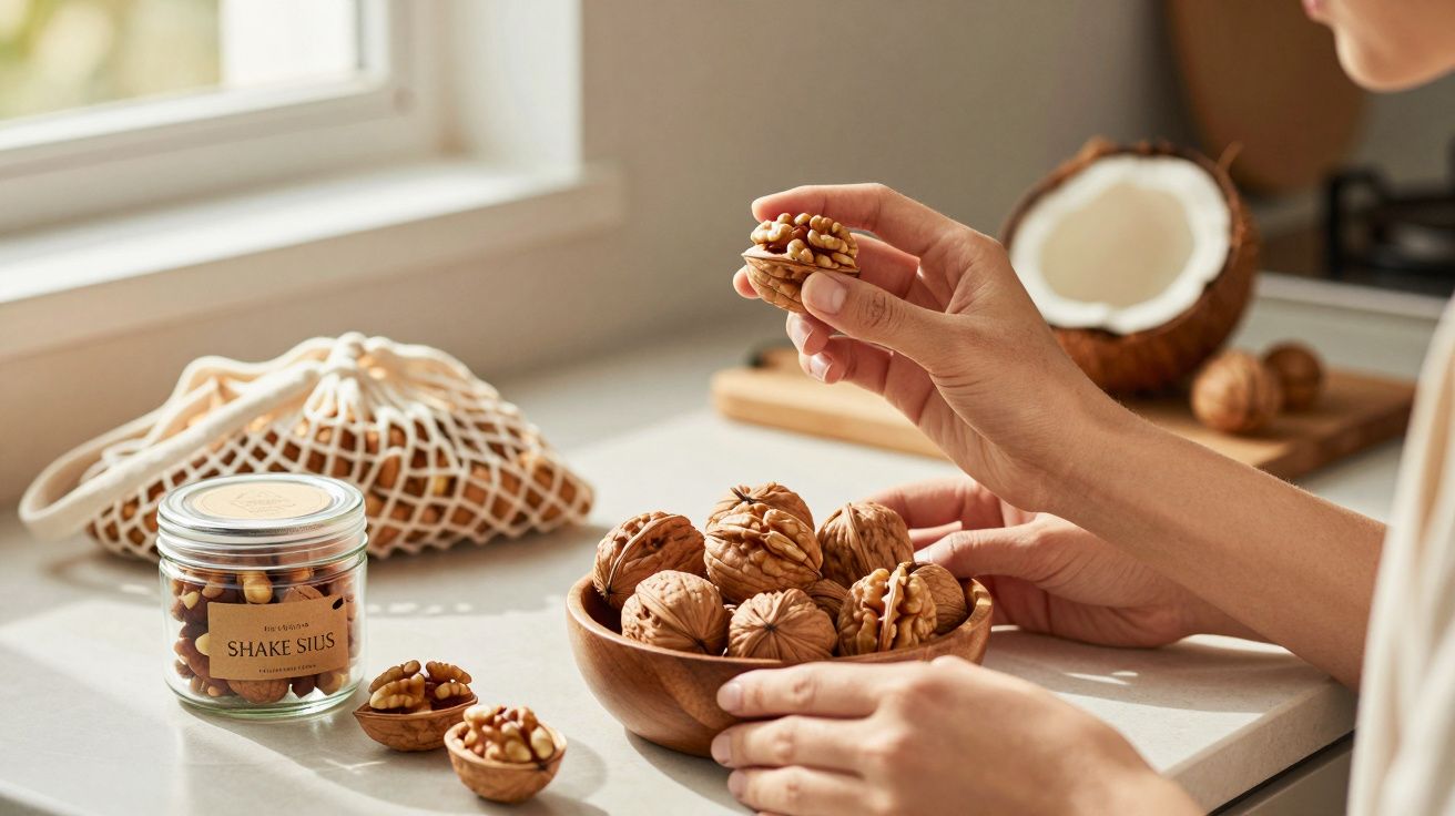 Person cracking open a walnut over a bowl of walnuts on a kitchen counter near a window.