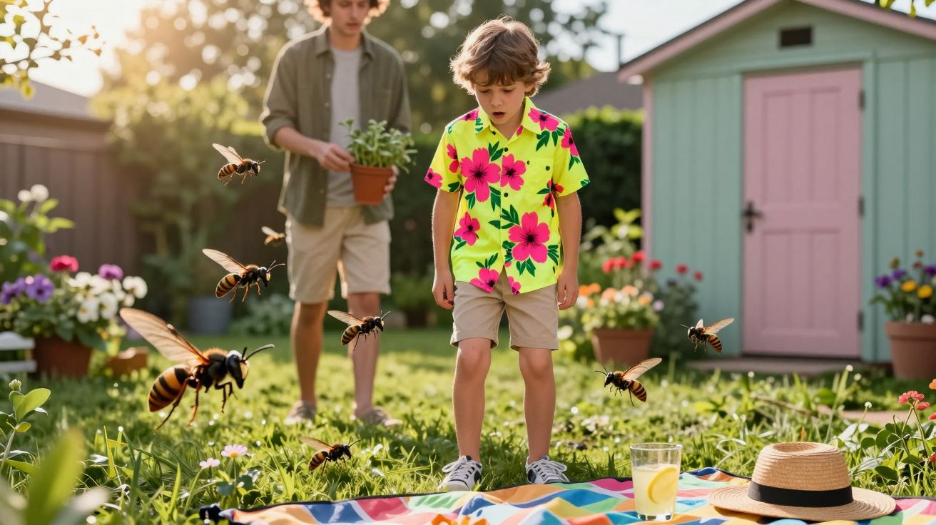 Young boy in bright shirt looking worried at swarm of large bees in garden with man holding plant behind him