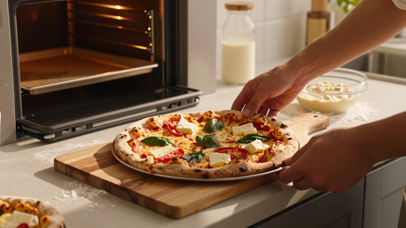Person placing freshly baked pizza with basil, tomato, and cheese on a wooden board near an open oven.