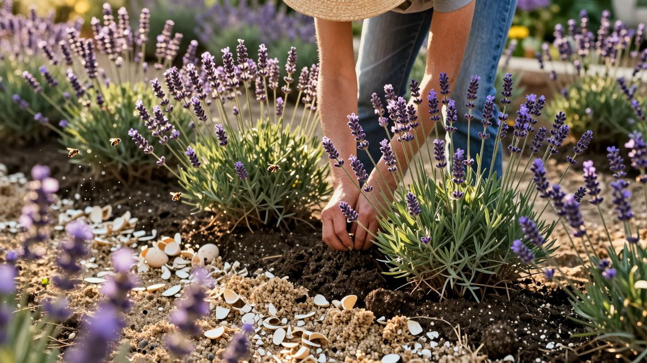 Person wearing a hat tending to lavender plants in a garden with bees flying nearby.