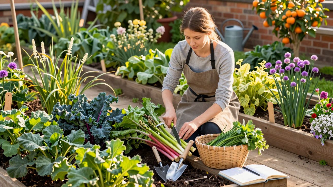 Young woman harvesting fresh vegetables in a raised garden bed surrounded by flowers and garden tools
