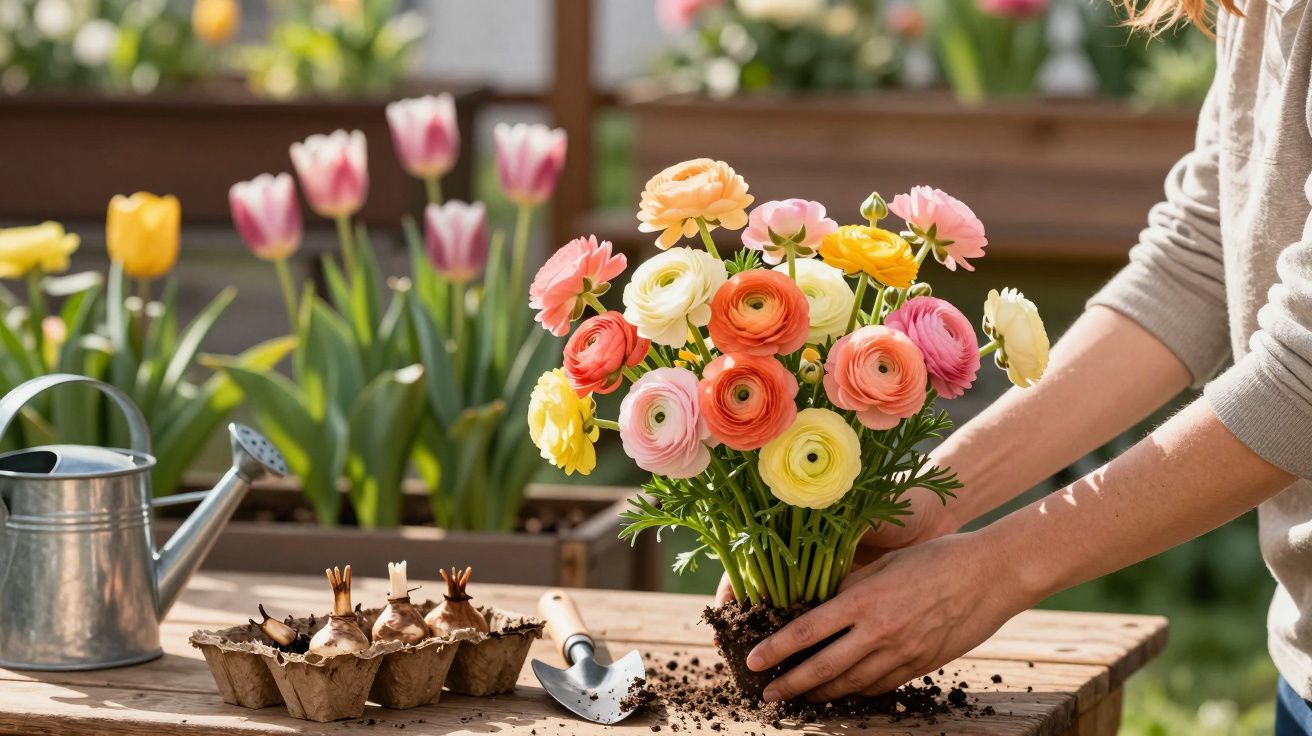 Person planting a colourful ranunculus flower in soil on a wooden table with gardening tools nearby.