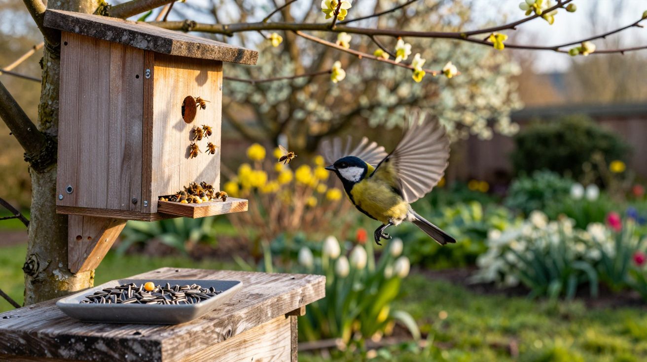 A great tit bird in mid-flight near a wooden birdhouse with bees and a tray of seeds in a blooming garden.