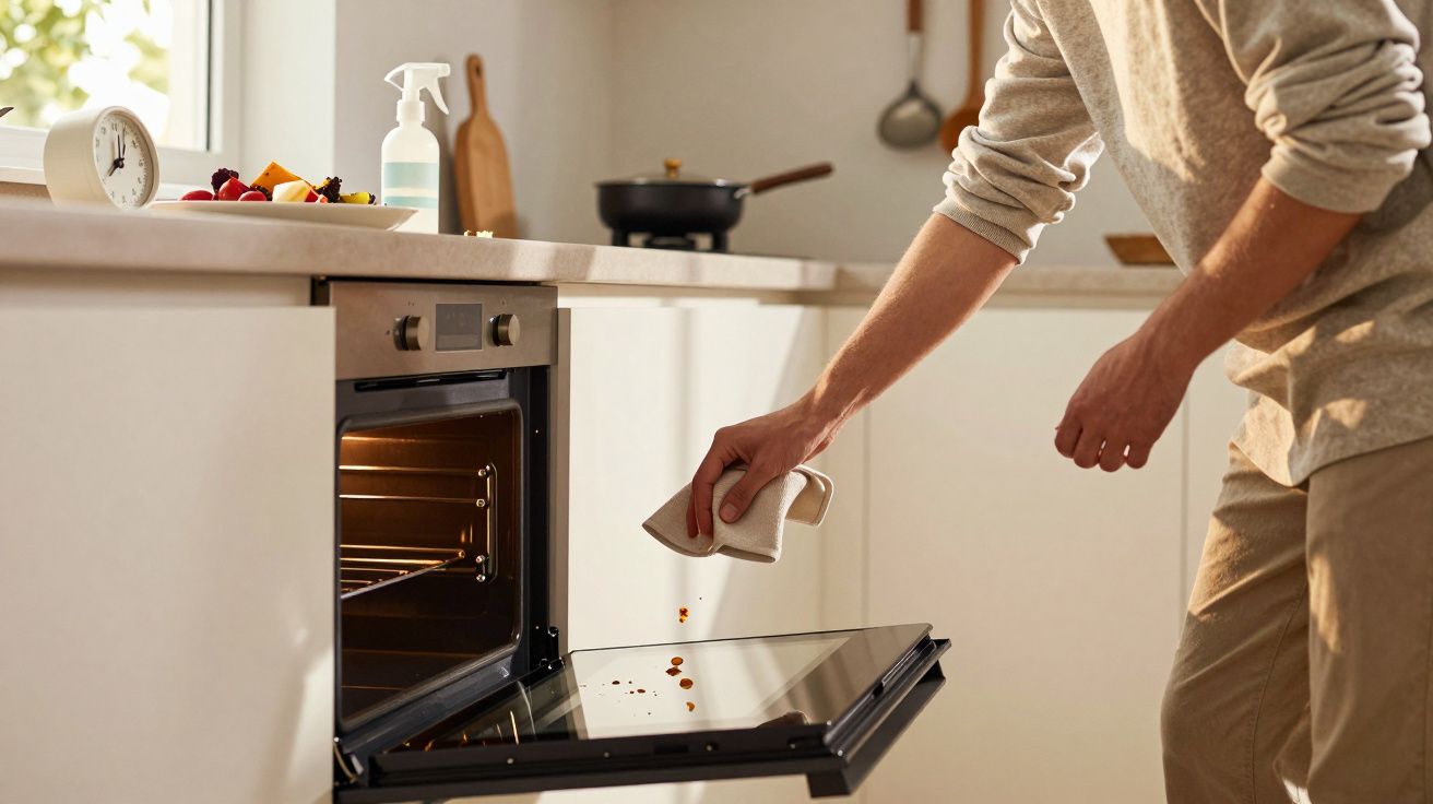 Person cleaning the open oven door with a cloth in a bright modern kitchen.