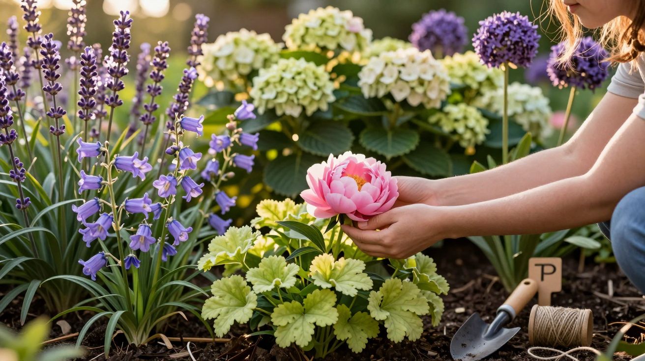 Close-up of hands holding a pink flower in a vibrant garden bed with various blooming plants.