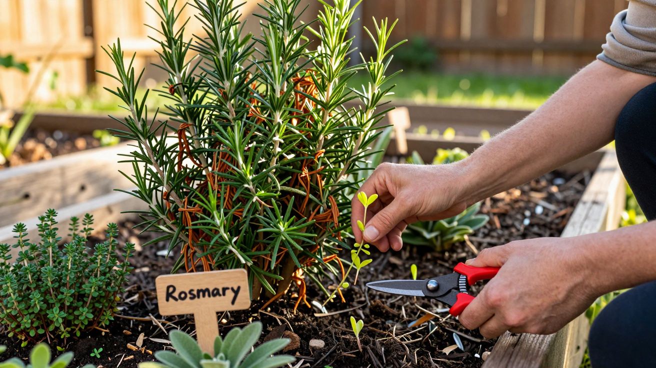 Hands tending a rosemary plant in a raised garden bed with pruning shears and labelled marker.