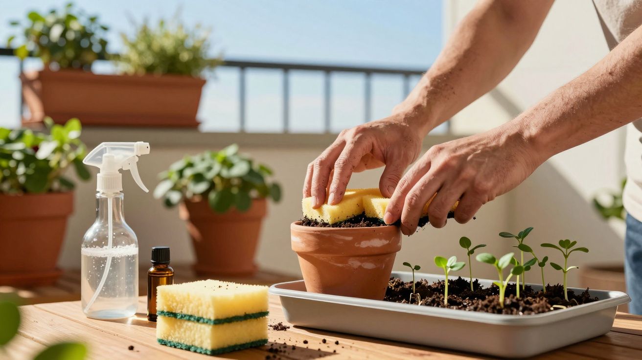 Hands planting seedlings in a terracotta pot with gardening supplies on a wooden table in sunlight.