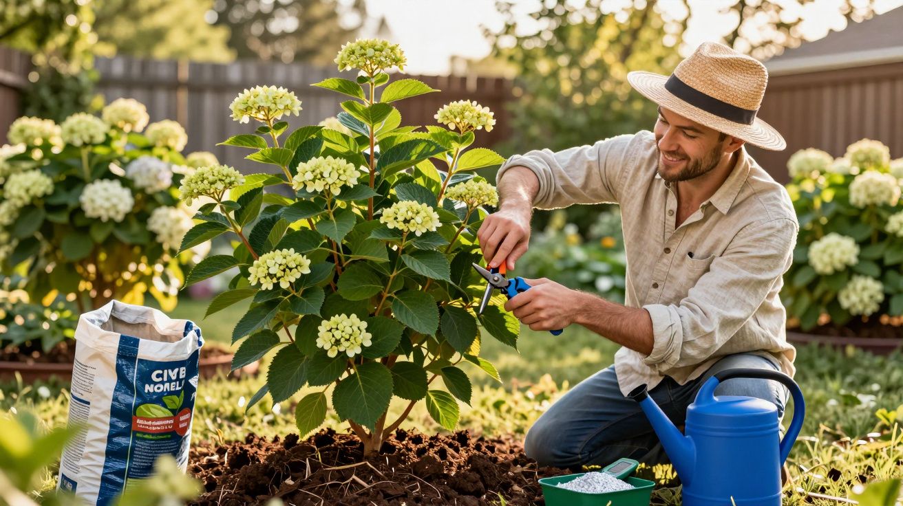 Man pruning a blooming hydrangea bush in a sunny garden with gardening tools and fertiliser nearby.