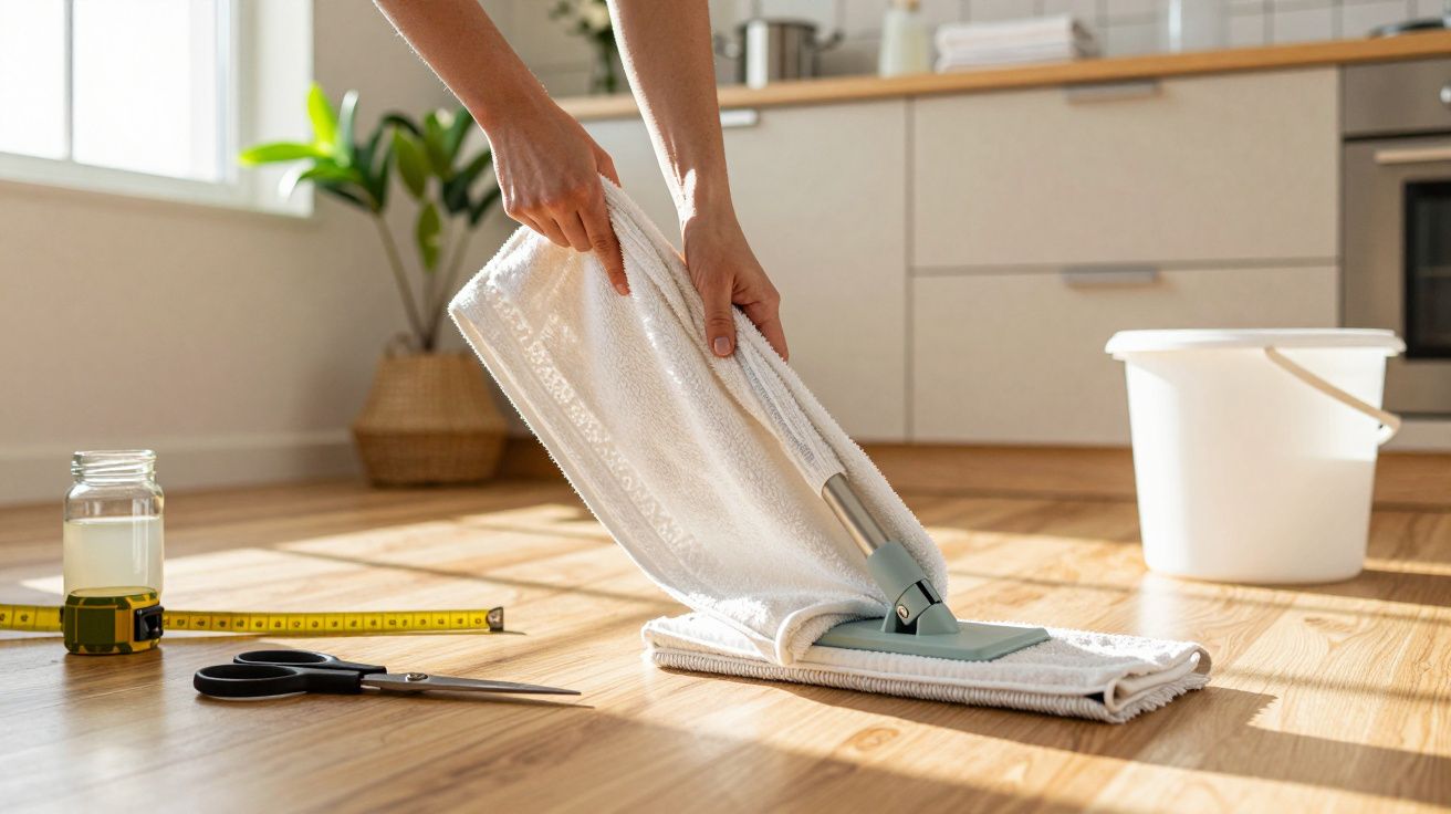 Person placing a white mop head cover onto a flat mop on a wooden kitchen floor with cleaning tools nearby.