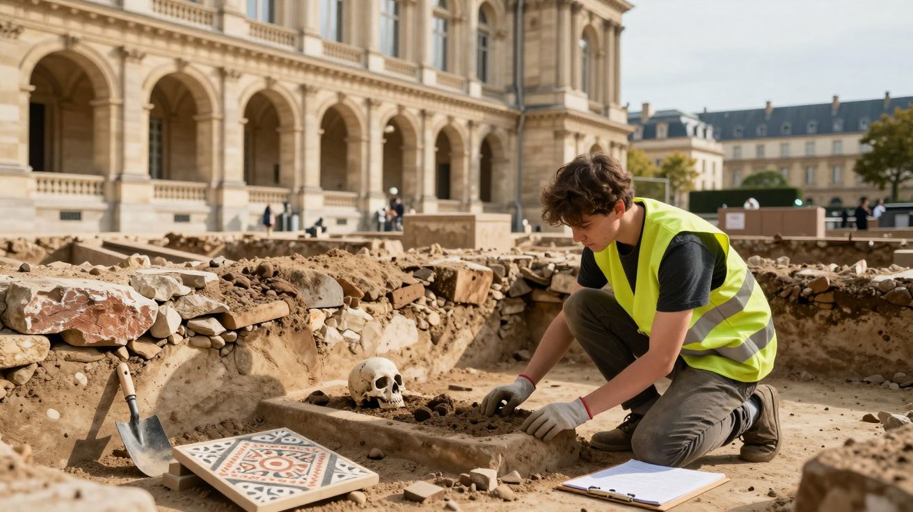 Archaeologist in high-visibility vest excavating a site with a skull and patterned tile near a historic building.