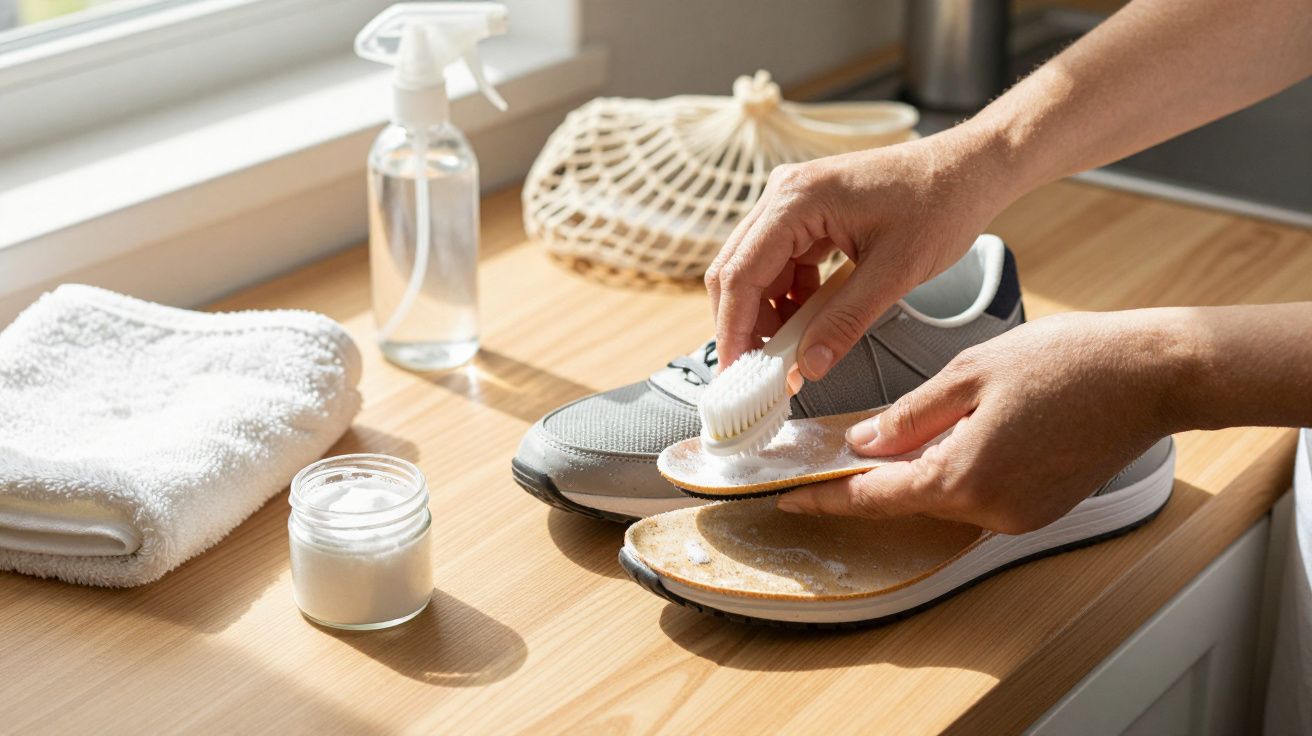 Hands cleaning shoe insoles with brush on wooden surface next to a towel, spray bottle, and cleaning cream jar.