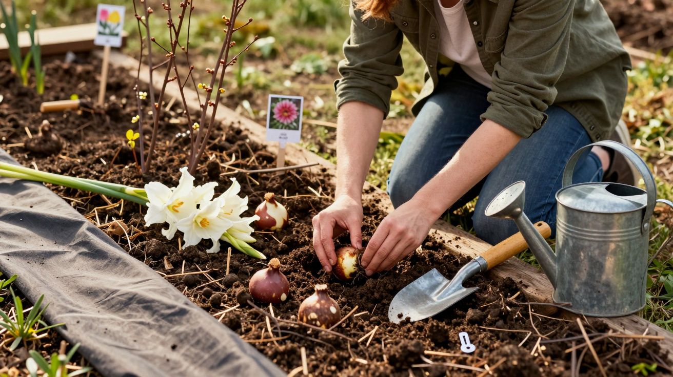 Person planting flower bulbs in a garden bed with a watering can and trowel nearby.