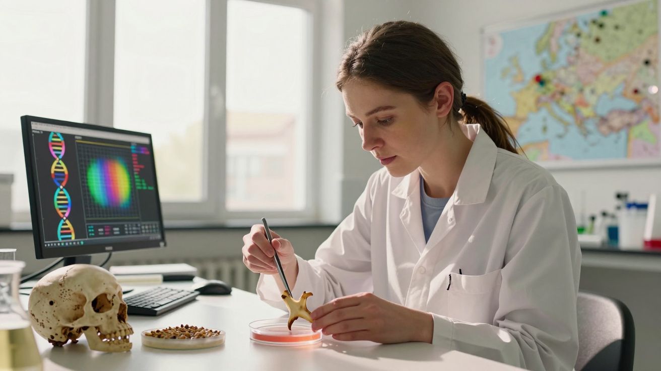 Female scientist examining a starfish specimen with tweezers in a laboratory setting.