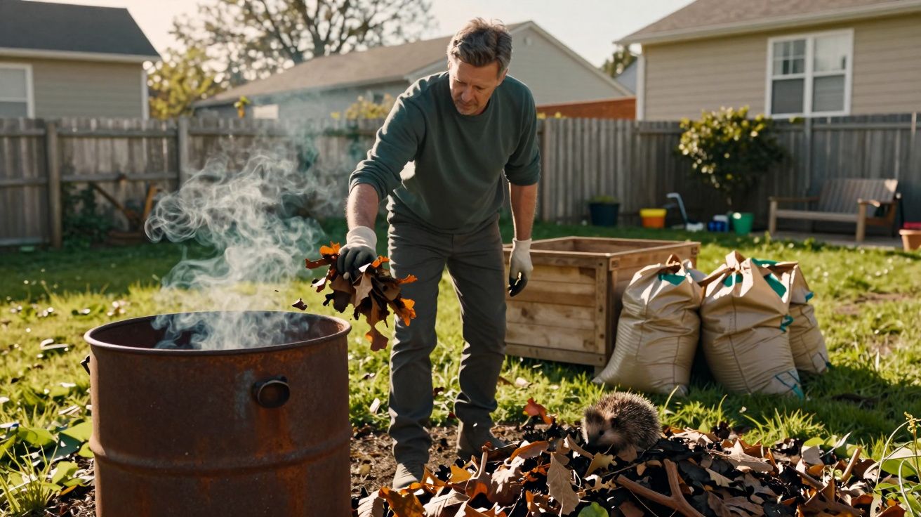 Man in gloves burning autumn leaves in a metal barrel in a backyard on a sunny day
