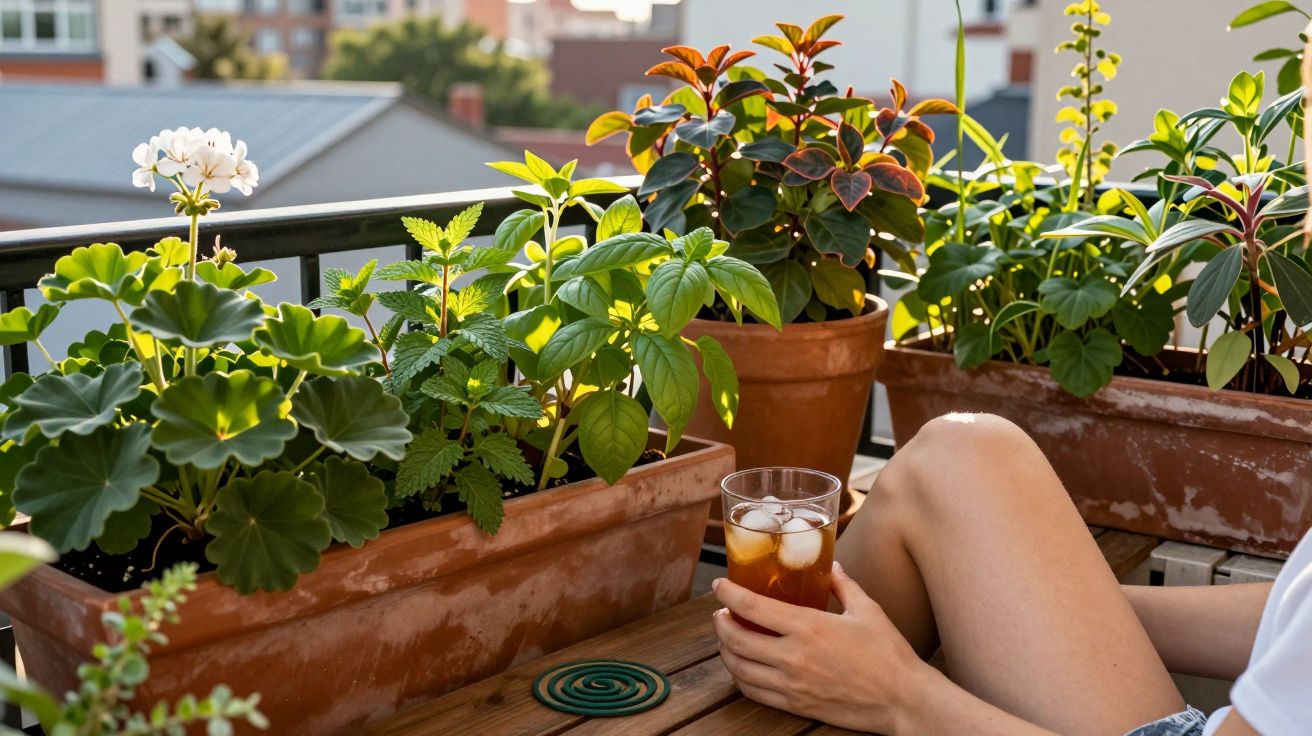 Person sitting on balcony with plants holding a glass of iced tea on wooden table in warm sunlight.