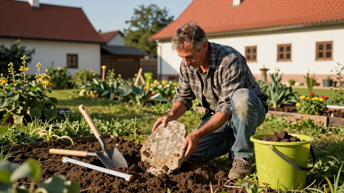 Man kneeling in a garden, planting a stone slab with a symbol, surrounded by gardening tools and plants.