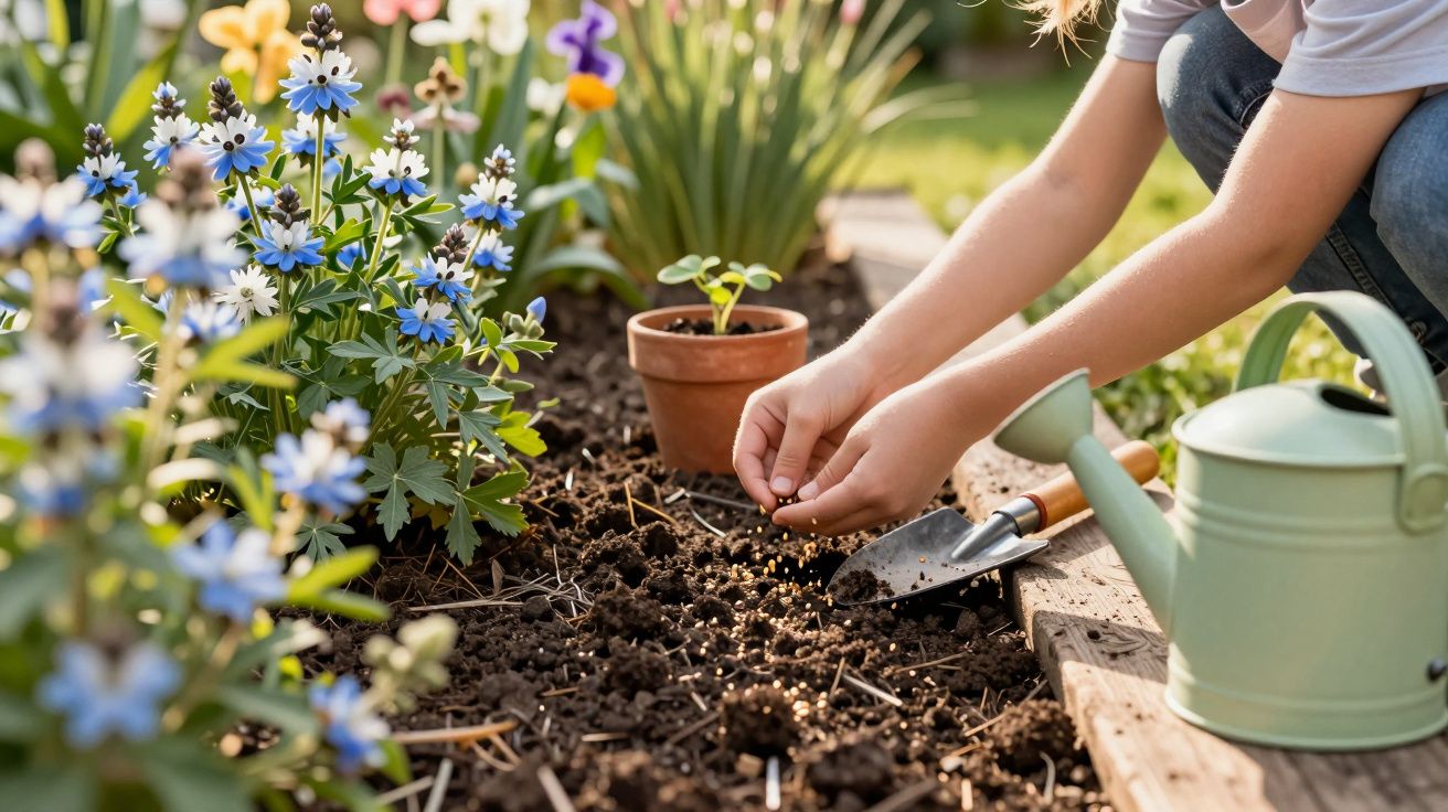 Person sowing seeds in a garden bed next to blue flowers, with a watering can and trowel nearby.
