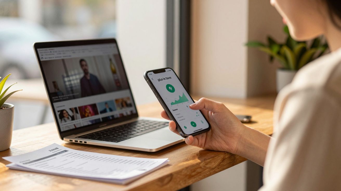 Person using a smartphone financial app while sitting at a wooden desk with a laptop and papers.