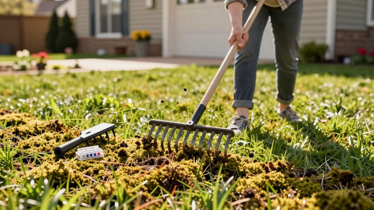 Person using a rake to remove moss and prepare soil in a grassy garden in front of a house.