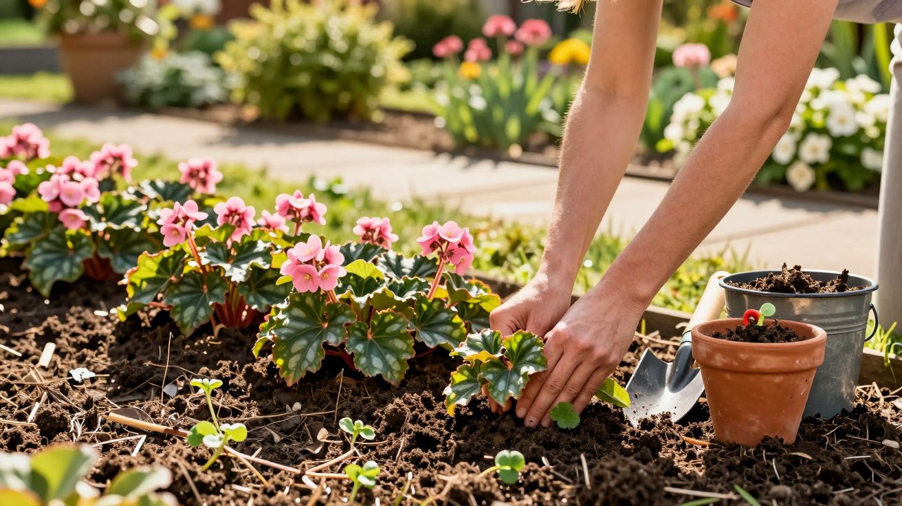 Person planting pink flowers in garden soil with gardening pots and trowel nearby on a sunny day.