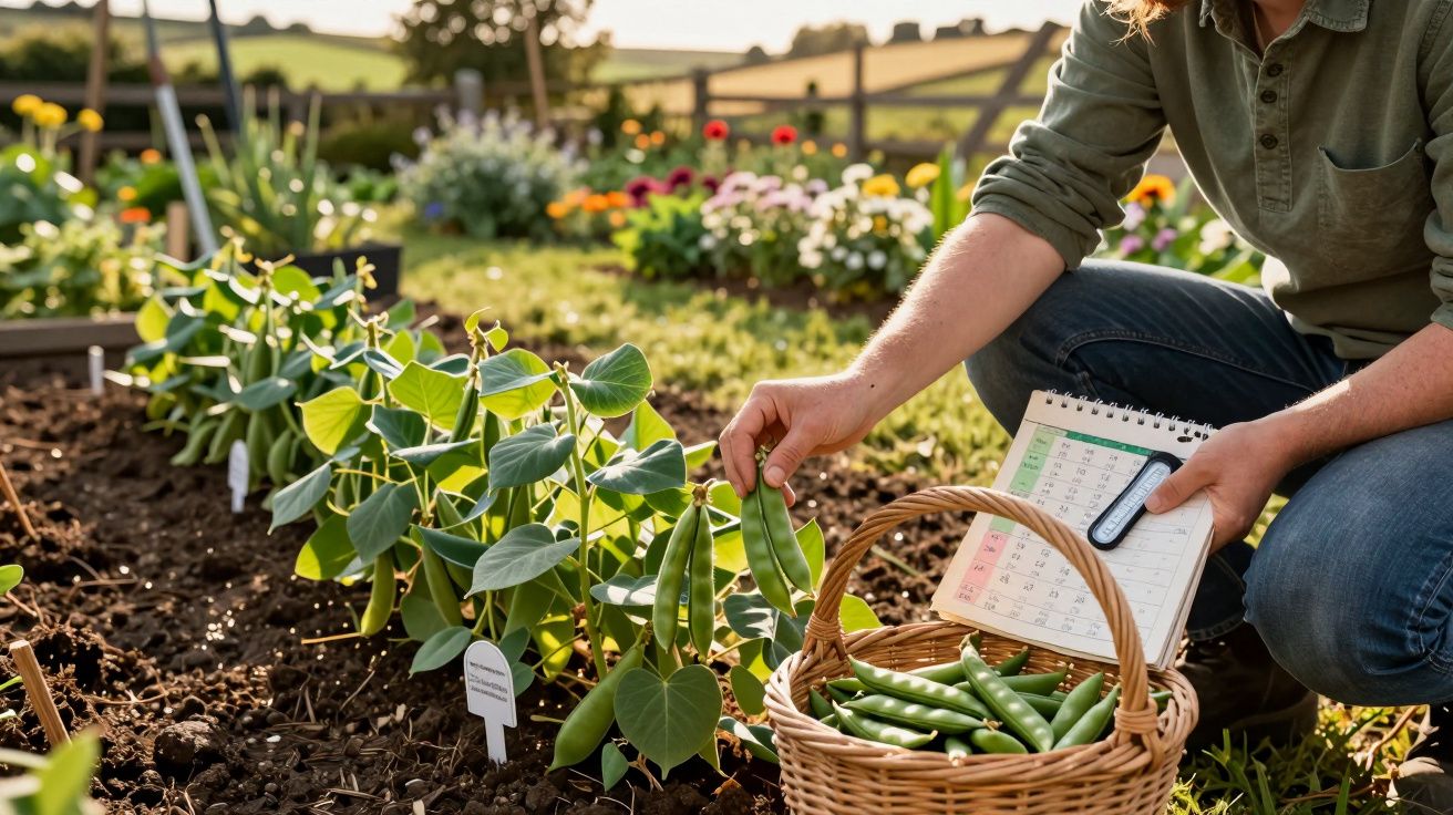 Person harvesting fresh green peas from garden plants into a wicker basket in a sunny vegetable patch