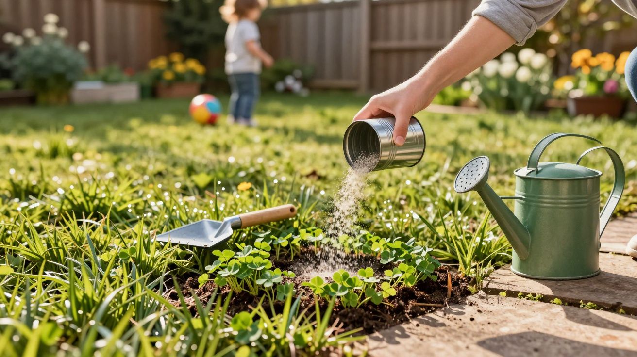 Hand sprinkling fertiliser on small plants in a garden with a watering can and child playing in the background.