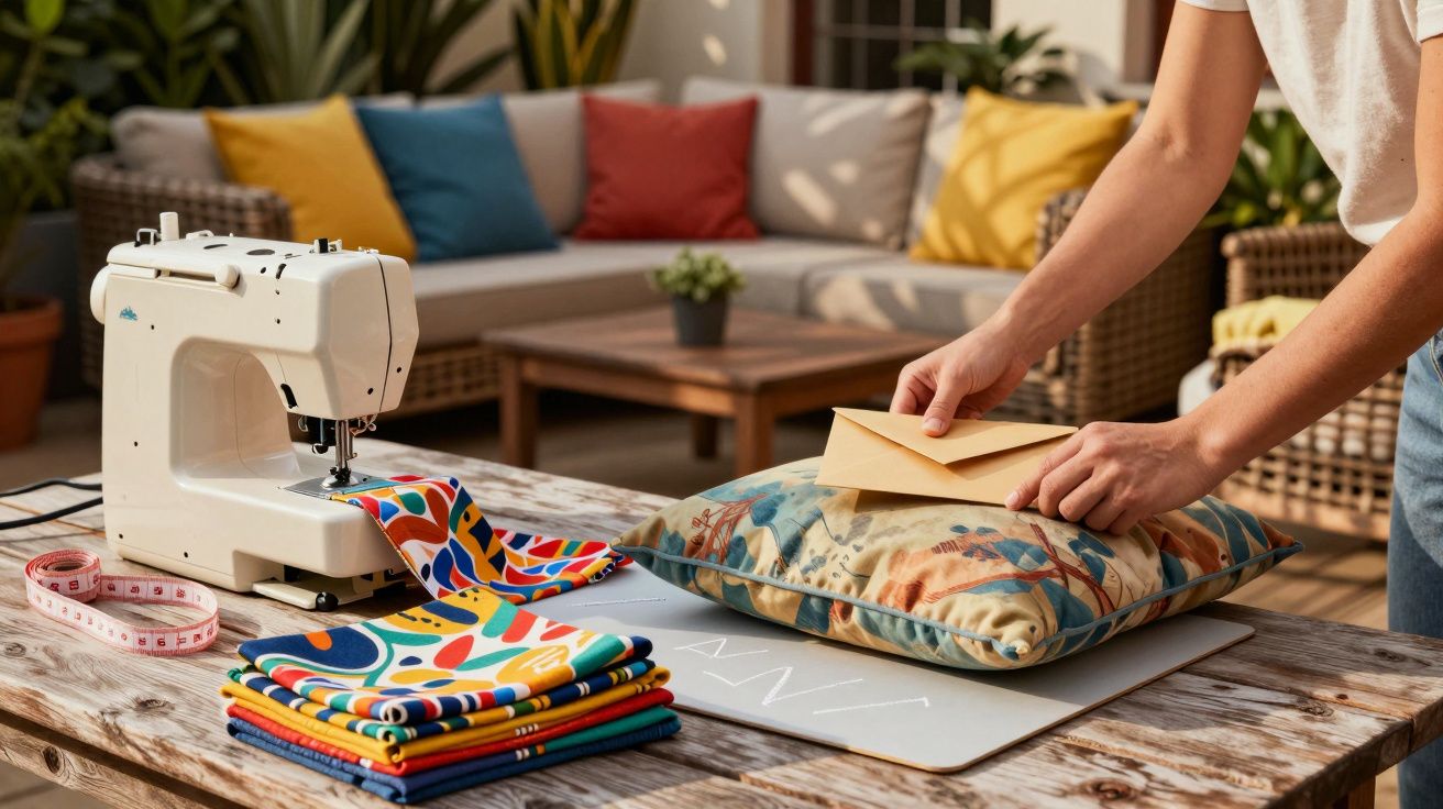 Person working on sewing colourful fabric near a sewing machine on a wooden table in a living room.