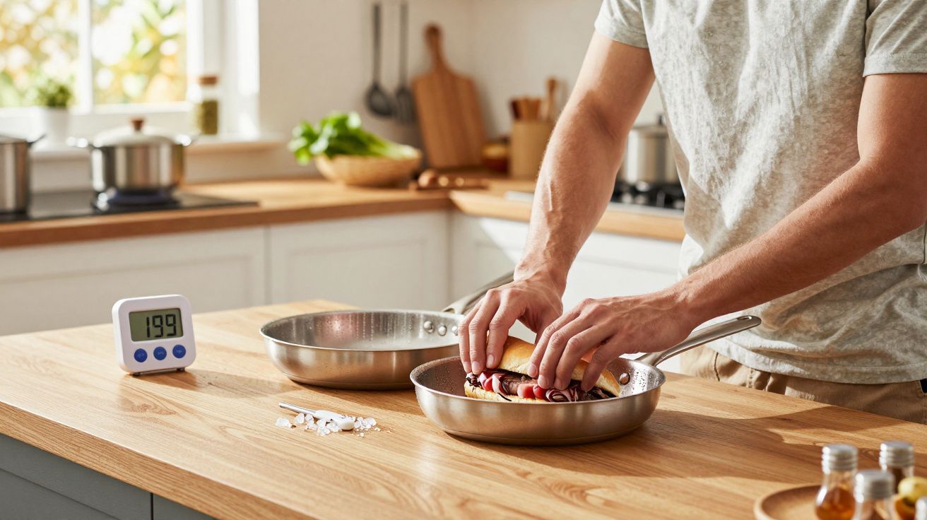 Person placing a sandwich inside a frying pan on a wooden kitchen countertop with a digital timer nearby.