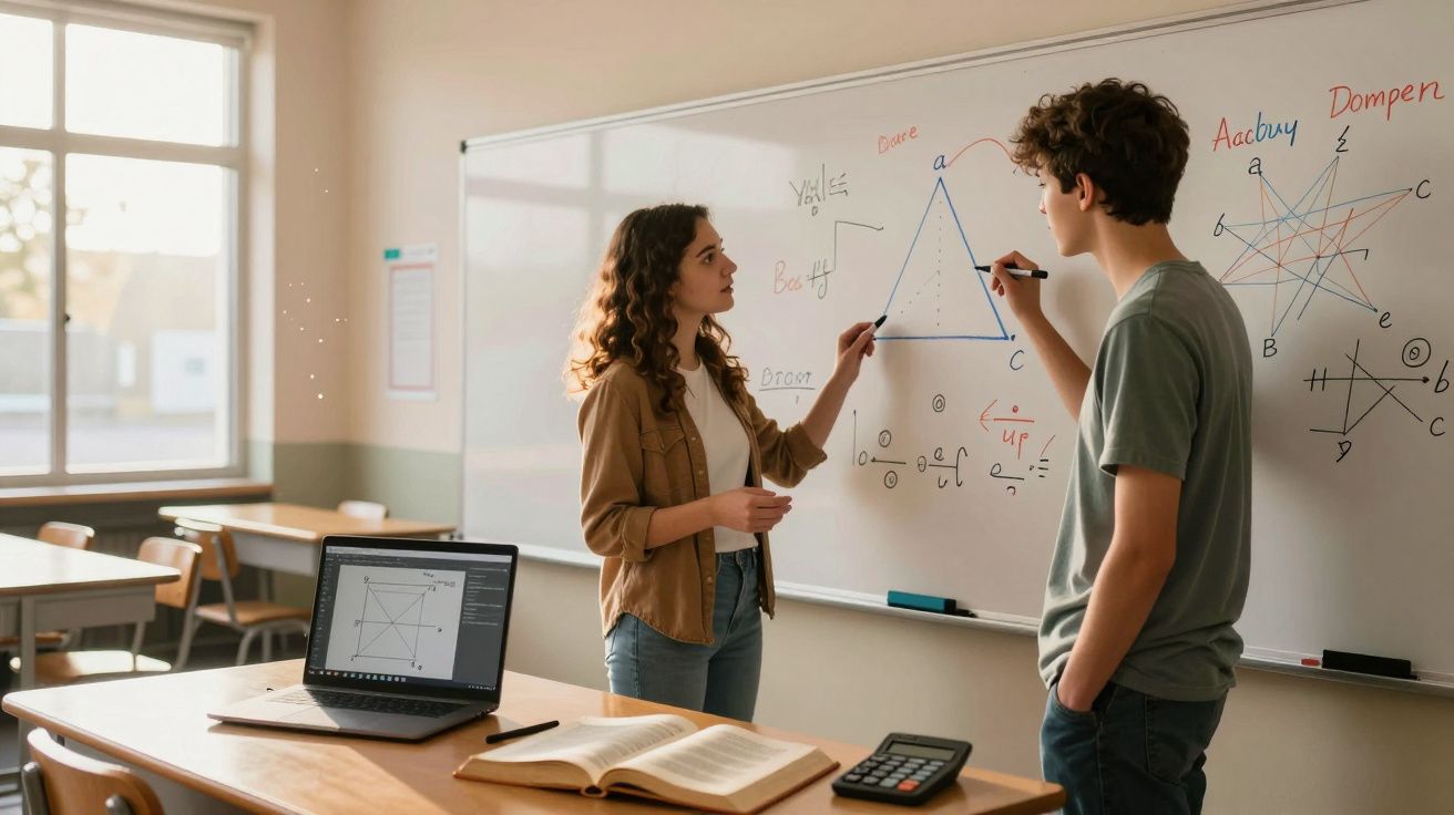 Two students discussing geometric diagrams on a whiteboard in a classroom with study materials on the table.