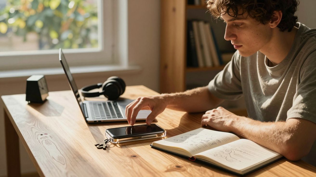 Young man studying at a wooden desk with laptop, headphones, notebook, and smartphone in sunlight by window.