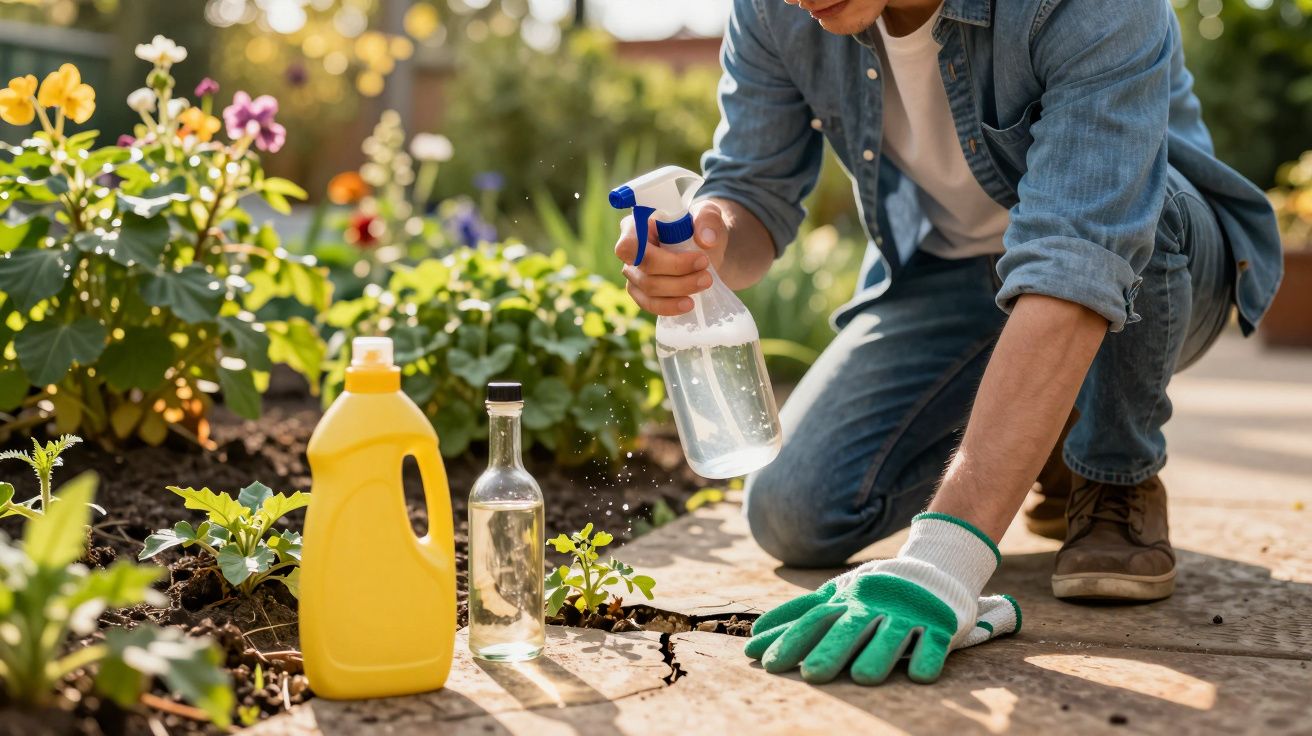 Person wearing gloves spraying plants with a clear liquid from a spray bottle in a garden on a sunny day