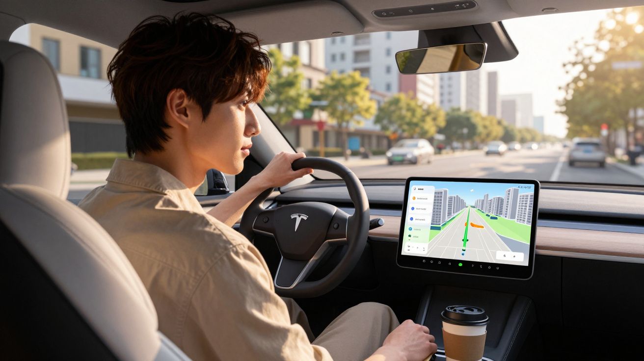 Person driving a Tesla with hands on the wheel and a digital navigation screen visible on the dashboard.