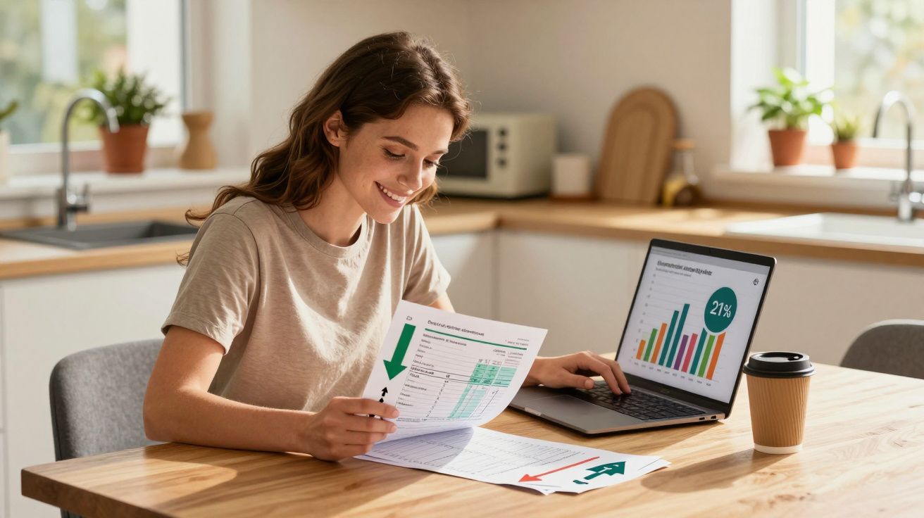 Young woman analysing financial charts on paper and laptop at a wooden kitchen table with a takeaway coffee cup.