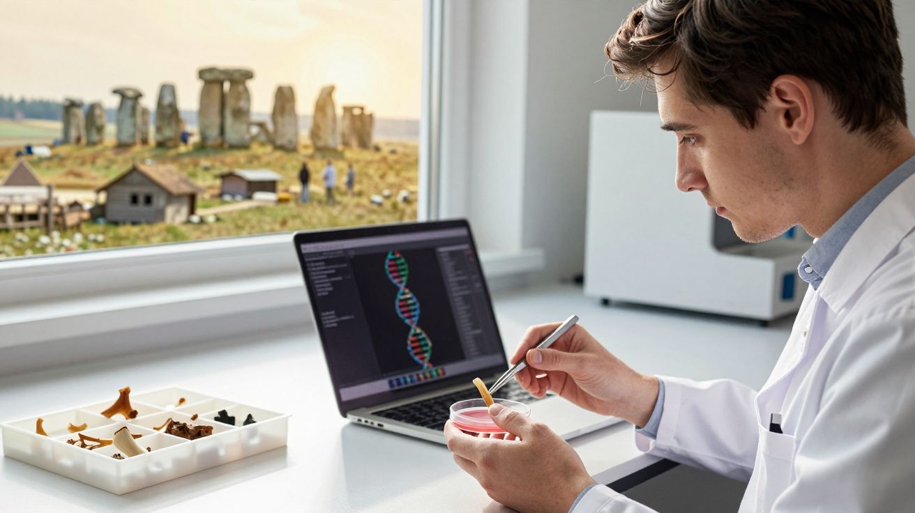 Scientist in a lab coat examining a petri dish with Stonehenge in the background visible through the window.