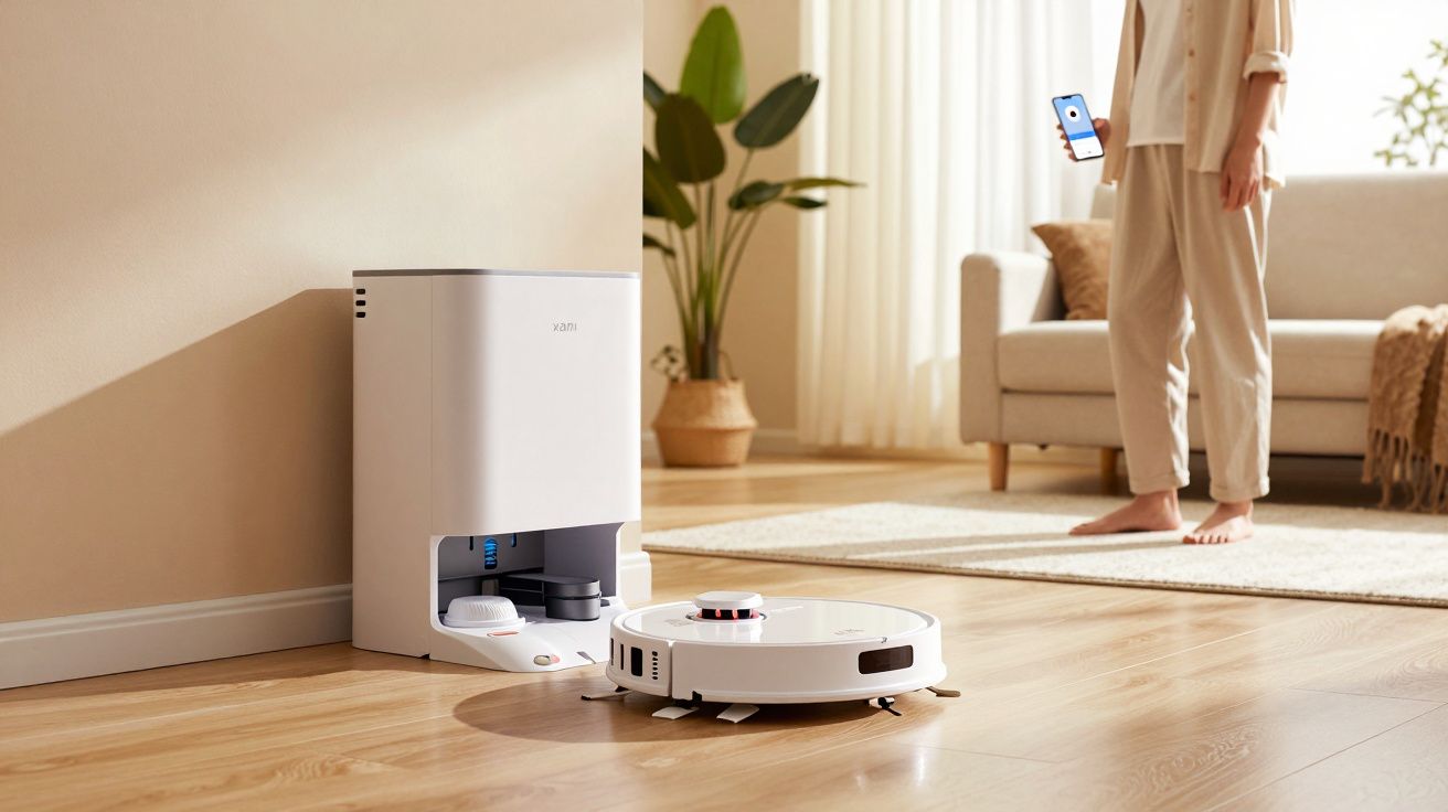Robot vacuum cleaner docked on wooden floor with person holding smartphone in modern living room