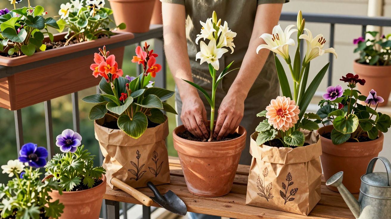Person planting white lilies in a terracotta pot among various potted colourful flowering plants on a wooden table.