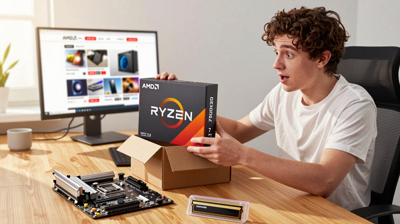 Young man unboxing an AMD Ryzen 7 processor at a desk with computer components and a monitor.