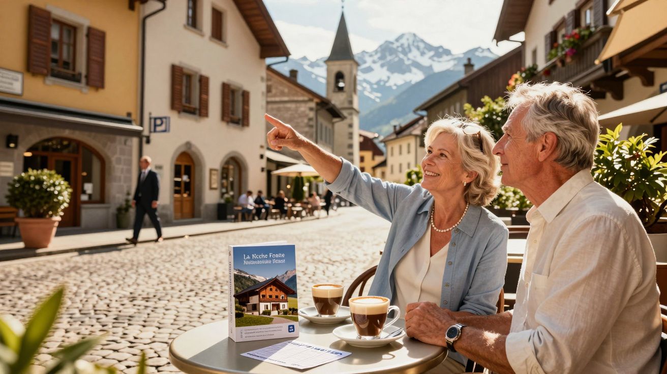 Elderly couple sitting at a café table with coffee, smiling and pointing in a sunny Alpine village street.