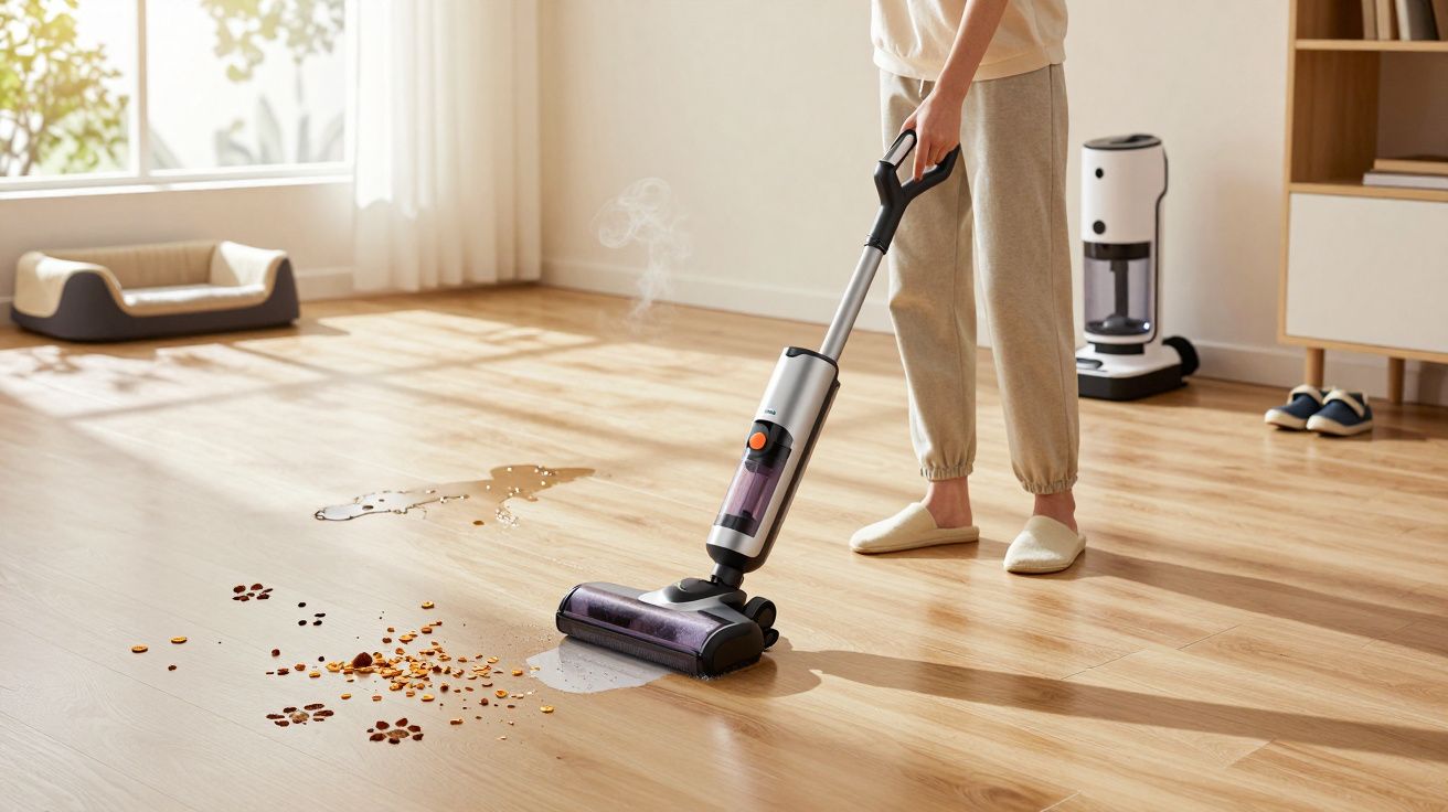 Person using a cordless vacuum to clean spilled liquid and dry pet food from a wooden floor in a bright room.