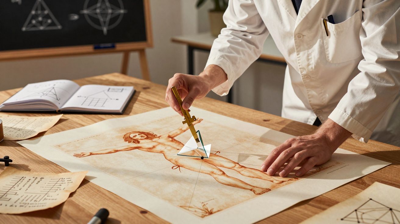 Person in white coat using compass to measure proportions on a Vitruvian Man drawing on a wooden table.