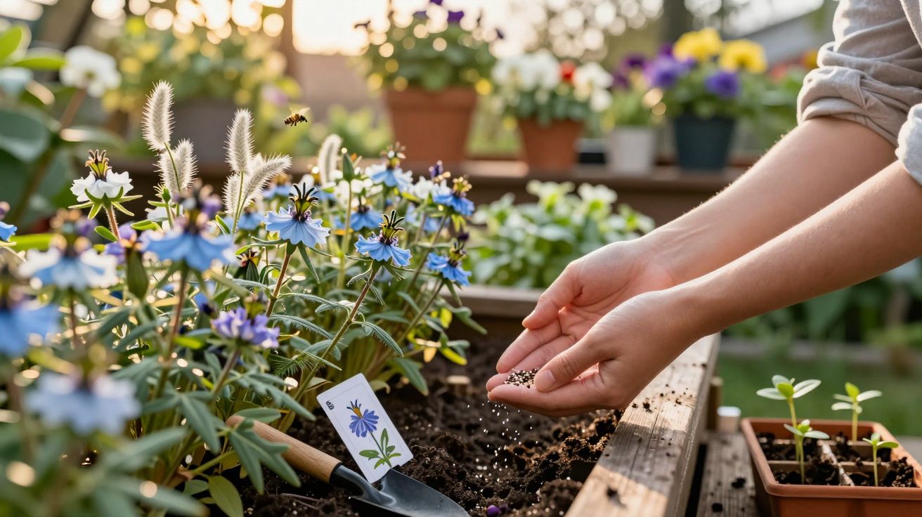 Hands sowing seeds into a raised garden bed surrounded by blooming blue flowers and gardening tools.