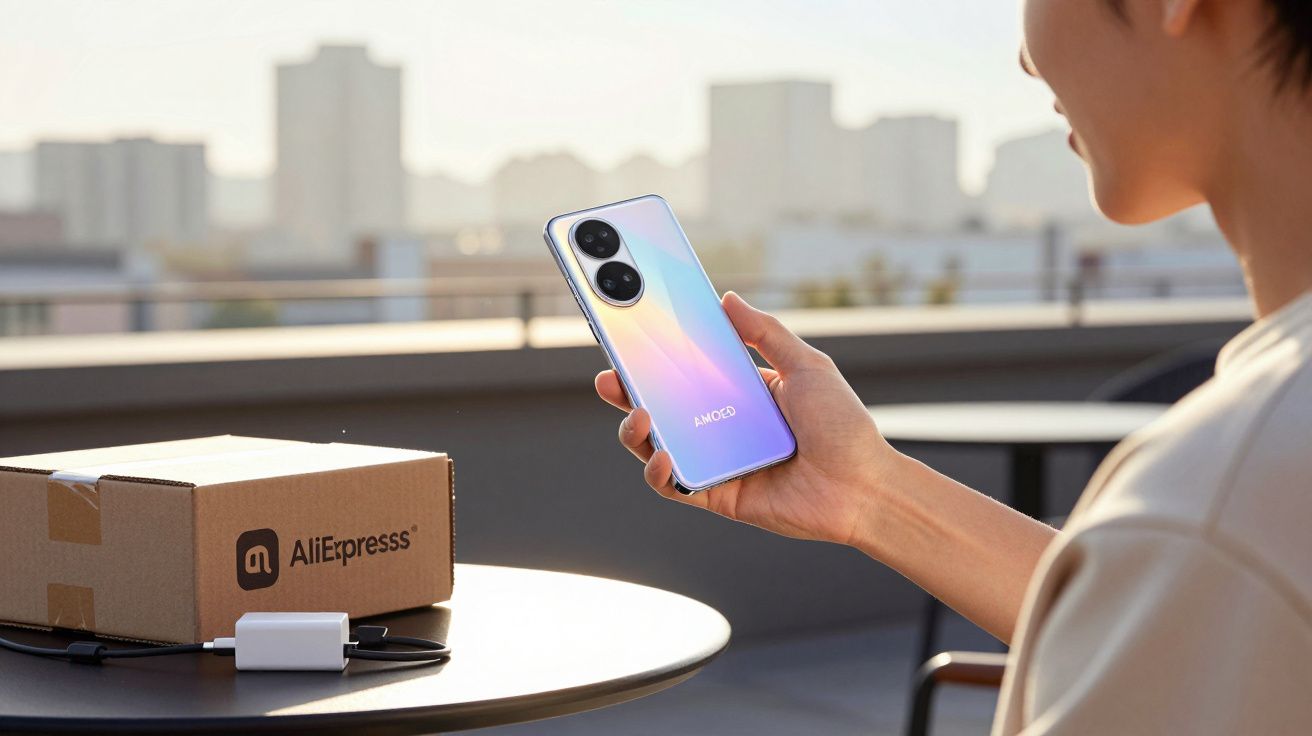 Person holding a shiny smartphone with dual cameras sitting at a table with an AliExpress delivery box and charger.
