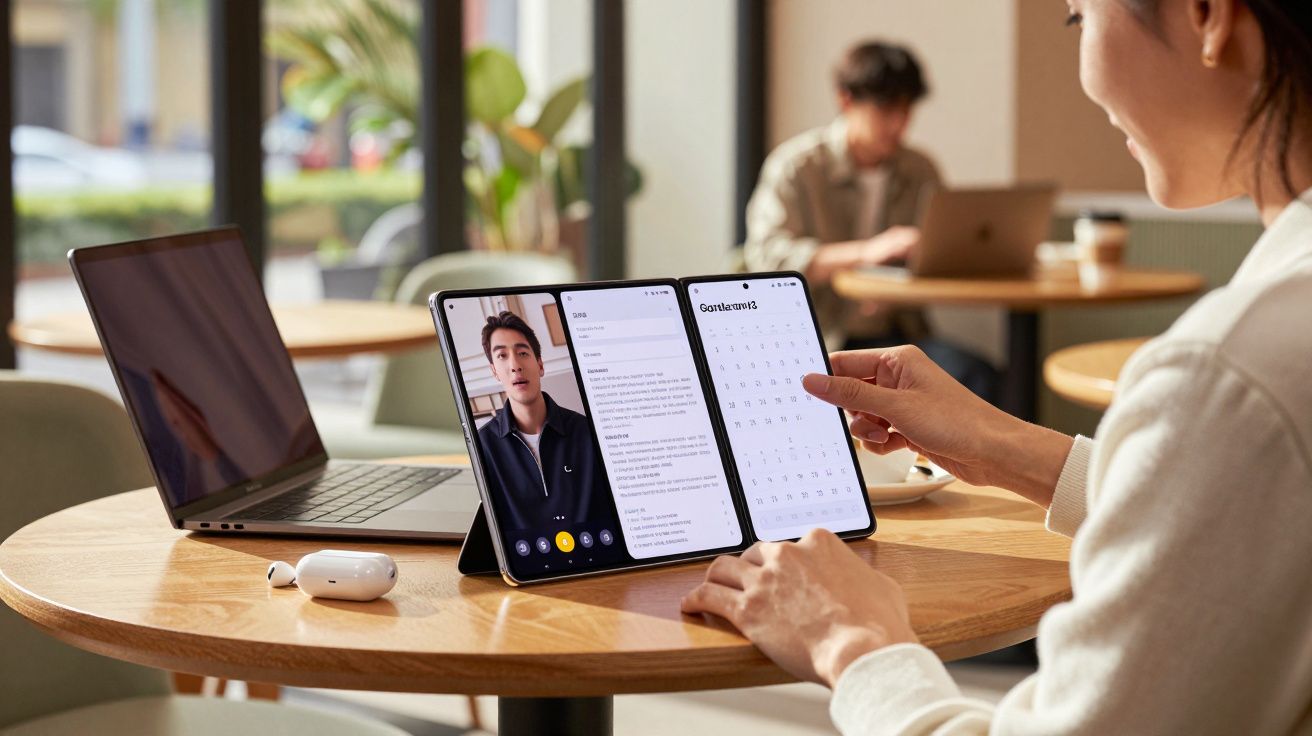 Person using a foldable tablet with video call, notes, and calendar apps open at a round wooden table in a café.