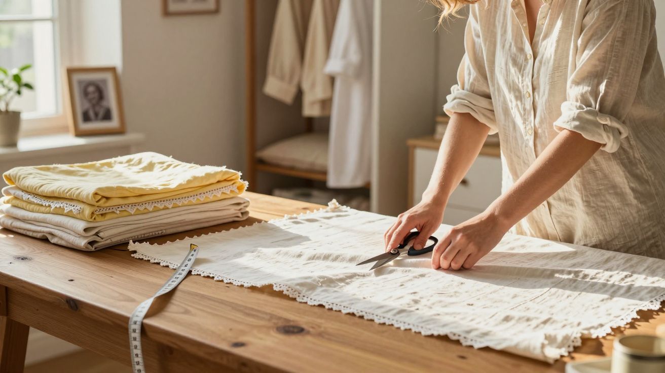 Person cutting white fabric on a wooden table with folded textiles and a measuring tape nearby in daylight.