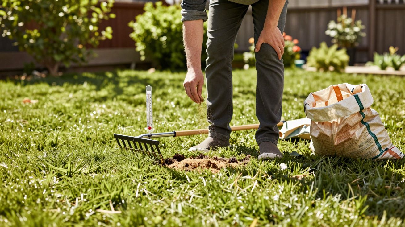 Person testing soil moisture in garden grass with a rake, bag, and shovel nearby on a sunny day.