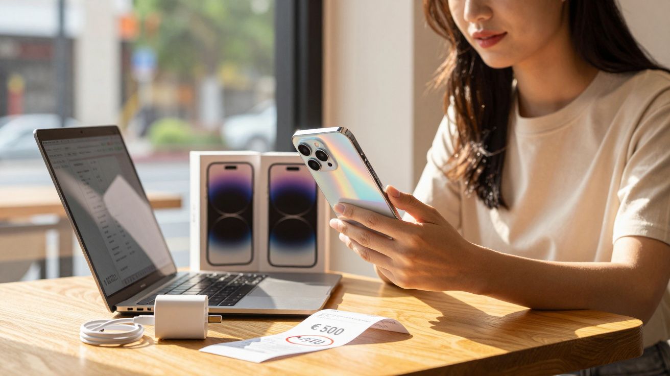 Woman seated at a table using a smartphone with a laptop, phone box, and receipt displaying €500 on the table.