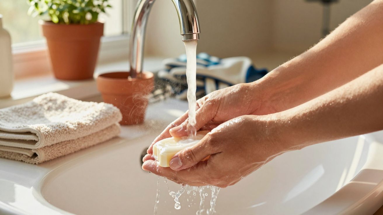 Person washing hands with soap under running tap water in a bathroom sink with towels and a plant nearby