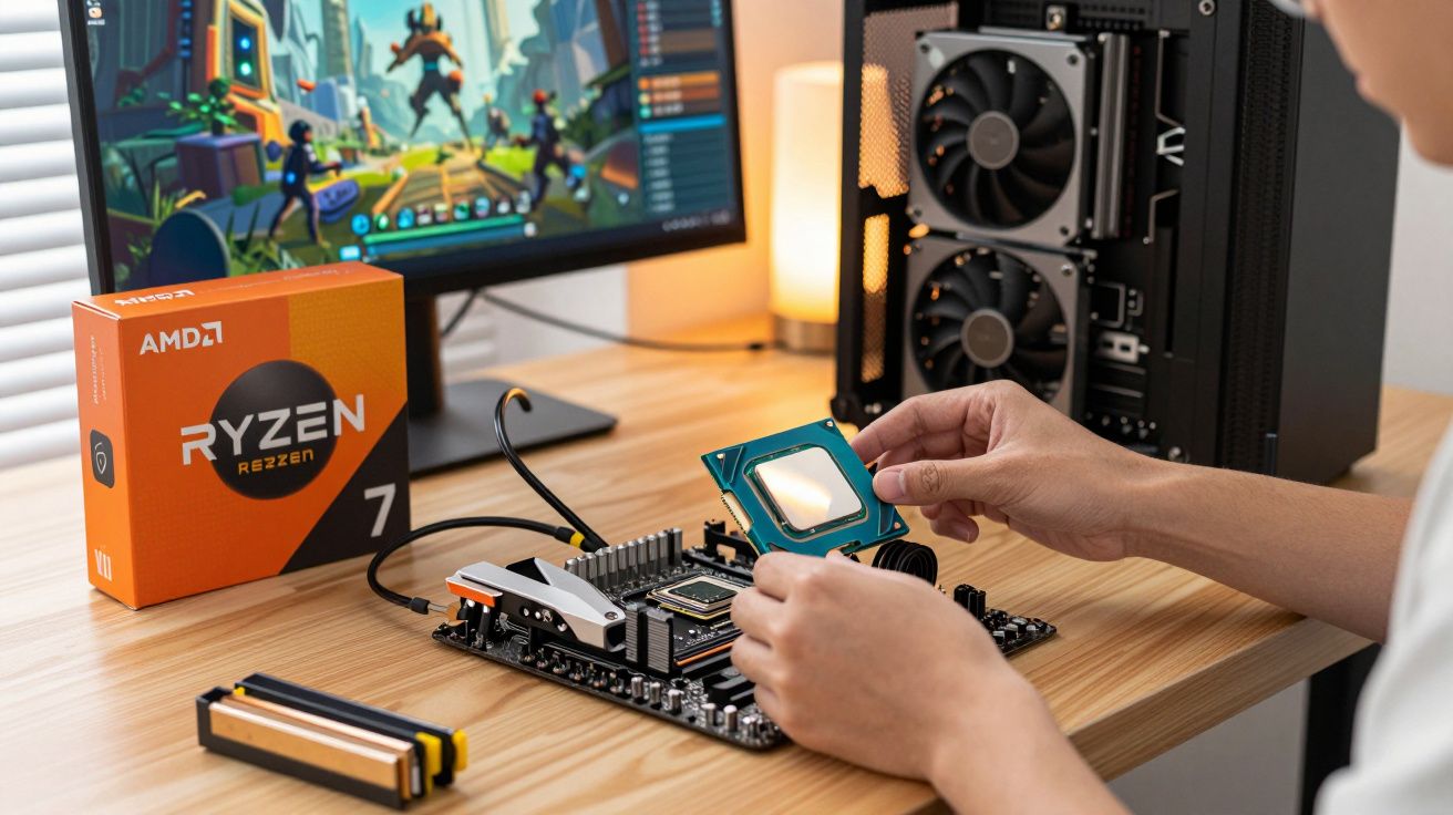 Person installing a CPU onto a motherboard with a Ryzen 7 processor box and gaming PC setup nearby.