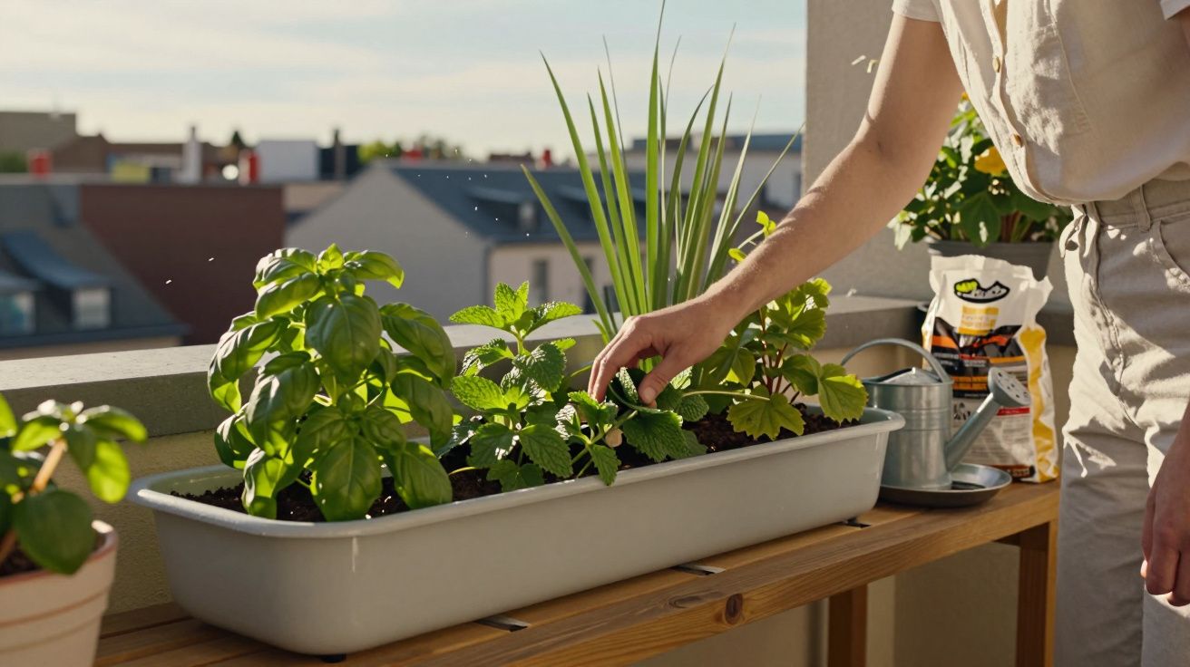 Person watering and tending to various green plants in a rectangular planter on a balcony table.