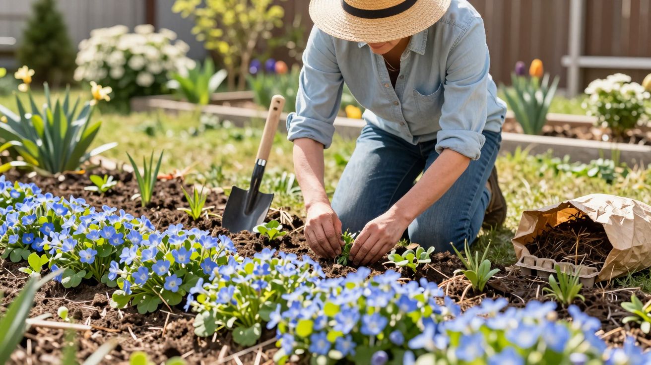 Person wearing a straw hat planting seedlings in a garden with blue flowers and gardening tools nearby.